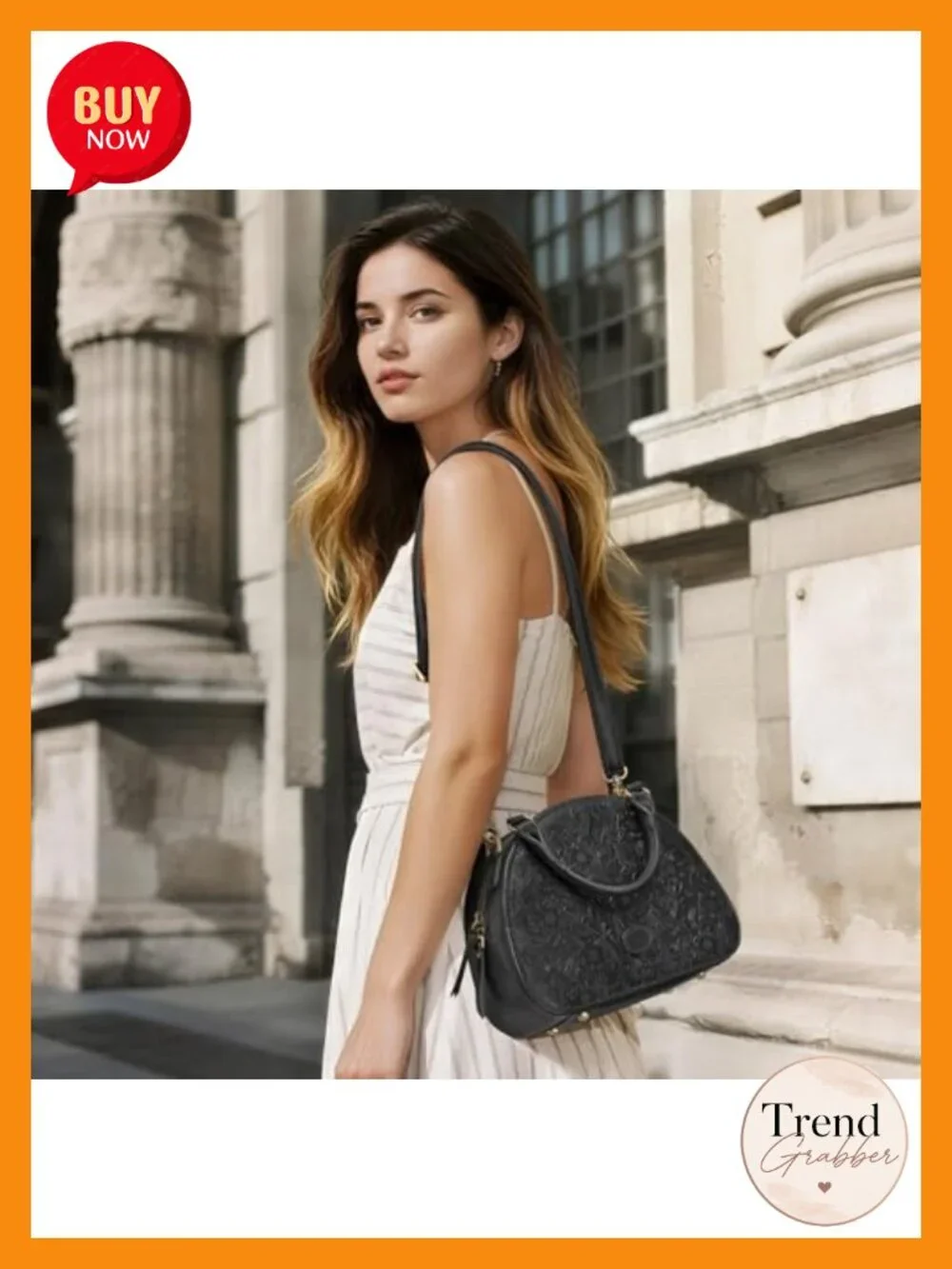 Genuine Leather Crossbody Satchel with Rose Embossed Design